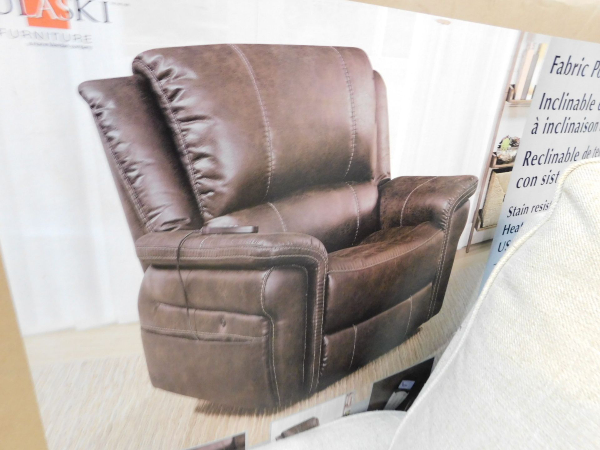 1 BOXED PULASKI BROWN FABRIC SUEDE POWER RECLINER WITH BUILT-IN HEAT AND MASSAGE RRP £499