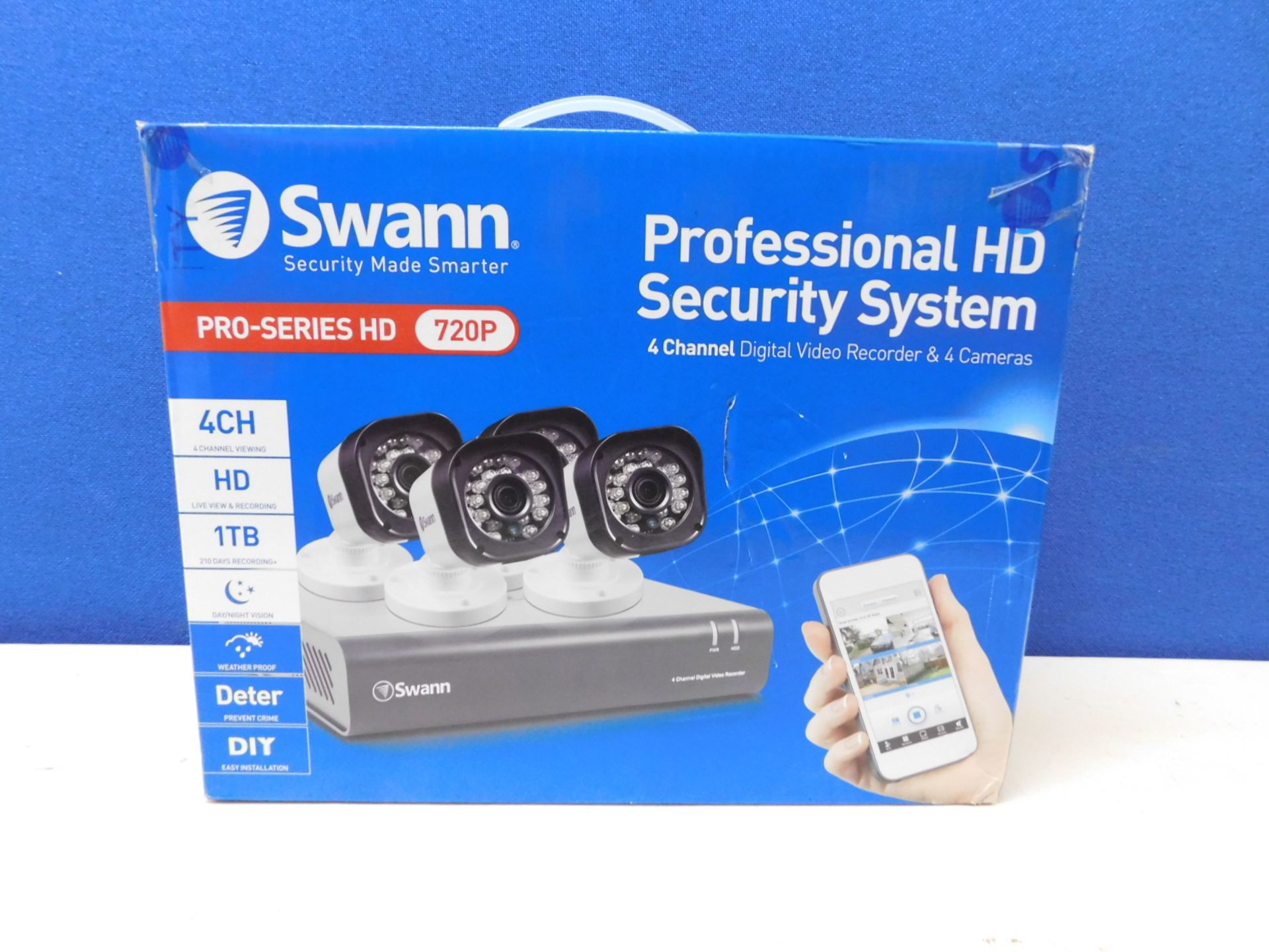 1 BOXED SWANN PRO-SERIES HD SECURITY SYSTEM - DVR4-1580 4CH 720P DIGITAL VIDEO RECORDER & 4 PRO-T835