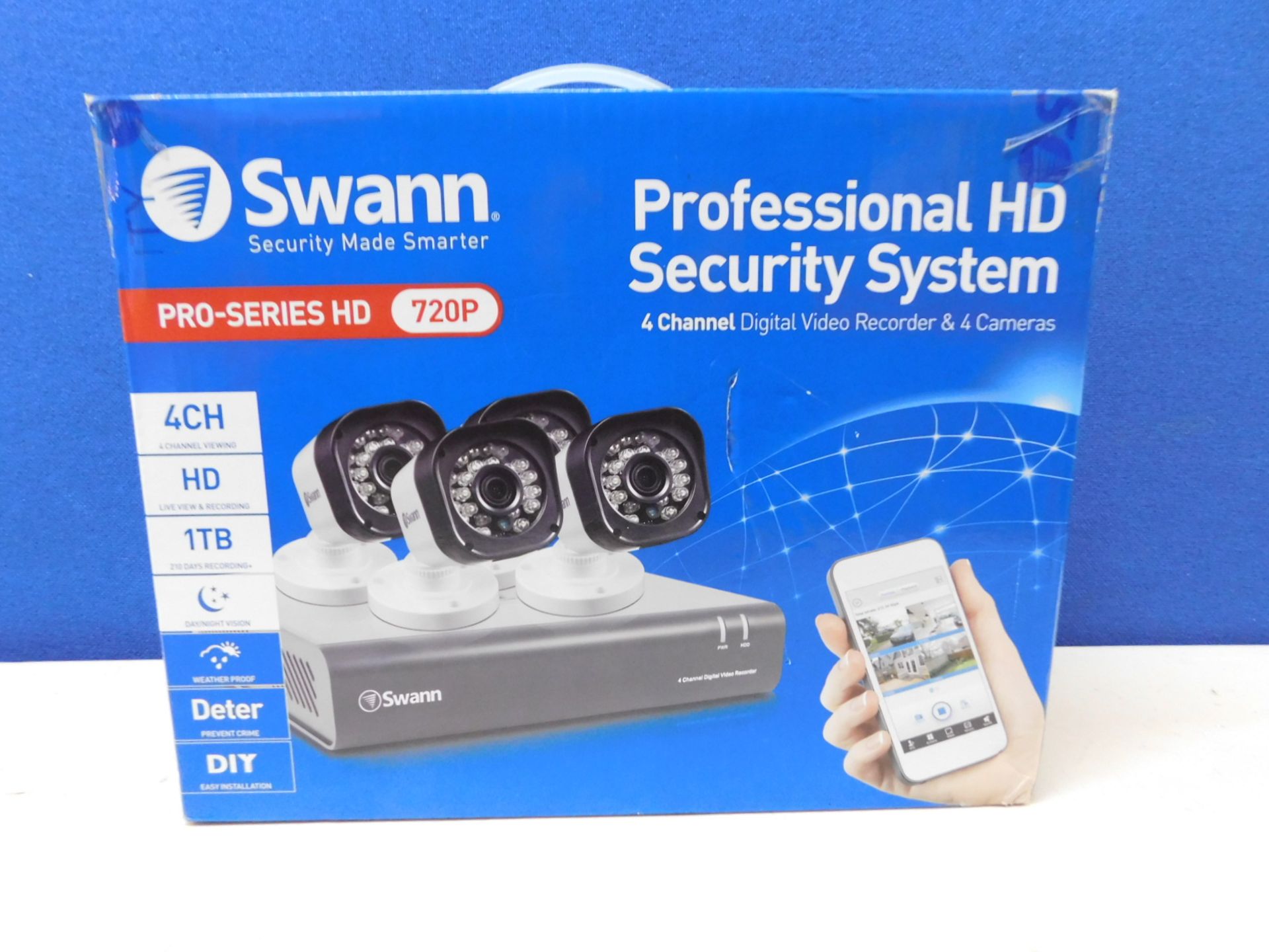 1 BOXED SWANN PRO-SERIES HD SECURITY SYSTEM - DVR4-1580 4CH 720P DIGITAL VIDEO RECORDER & 4 PRO-T835