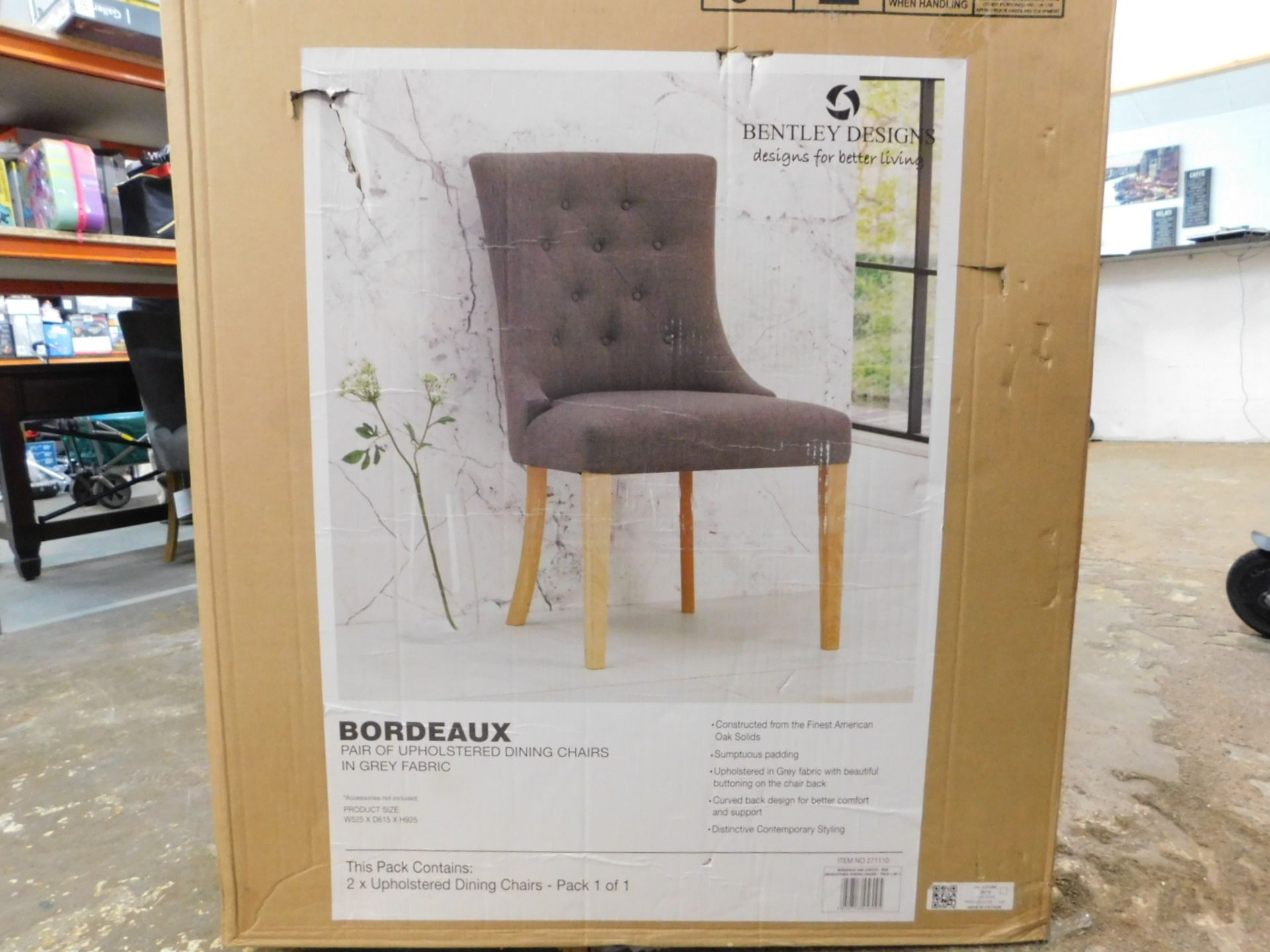 1 BOXED PAIR OF BENTLEY DESIGNS BORDEAUX GREY FABRIC UPHOLSTERED DINING CHAIRS RRP £399 (EXCELLENT