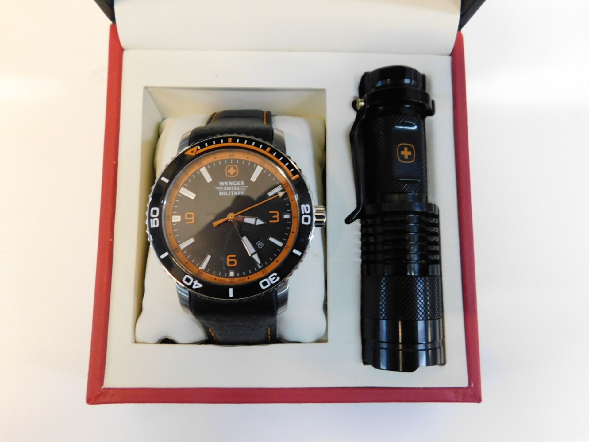 1 BOXED WENGER SWISS MILITARY MENS WATCH AND TORCH RRP £169