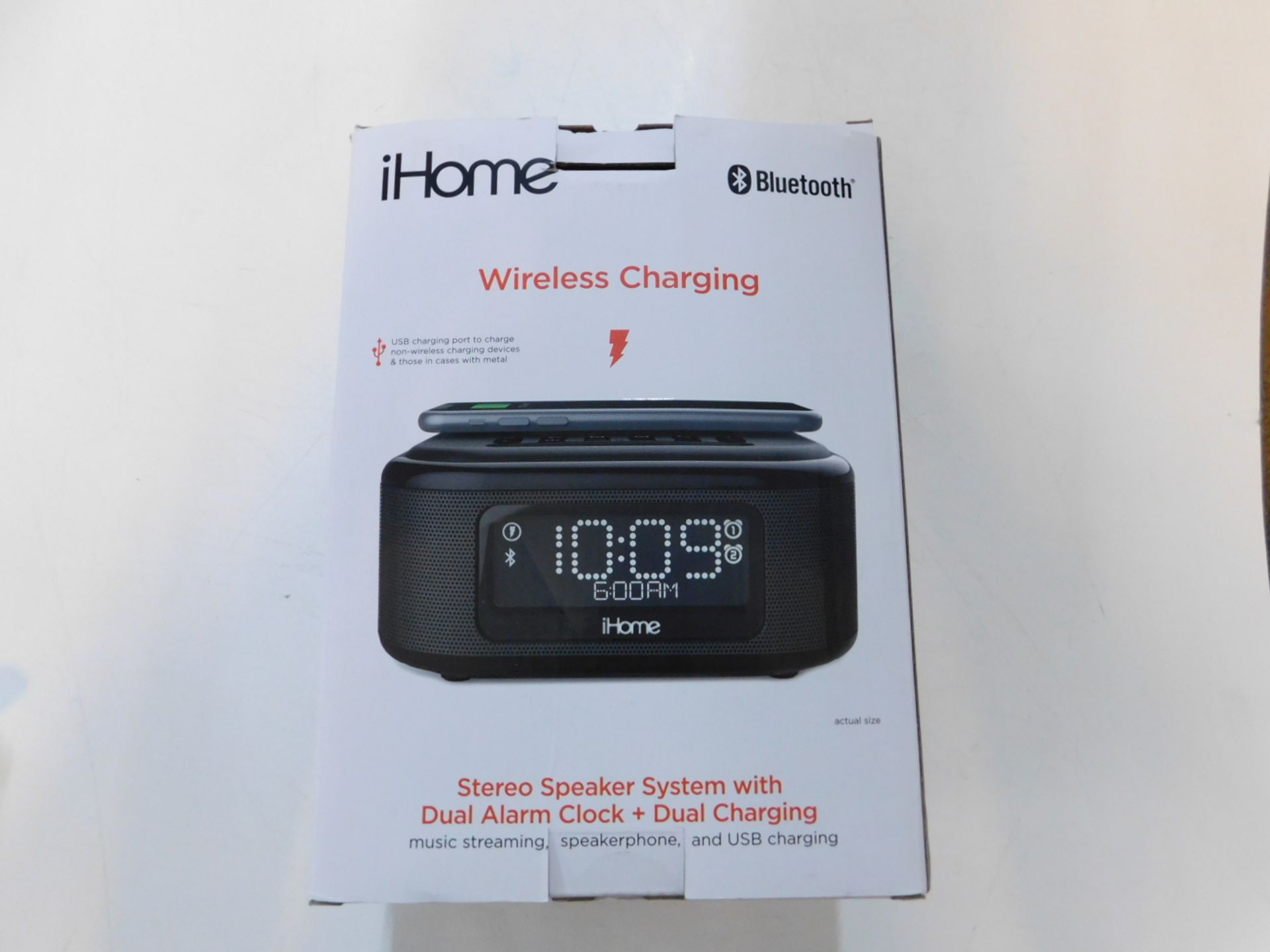 1 BOXED IHOME IBTW23 WIRELESS BLUETOOTH ALARM CLOCK WITH SPEAKERPHONE AND WIRELESS CHARGING RRP £