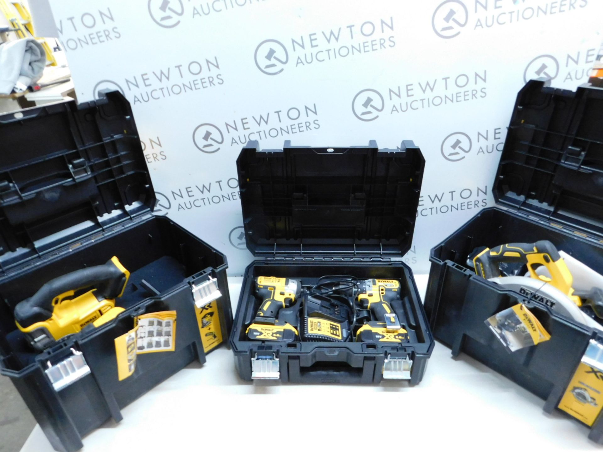 1 DEWALT 18V XR 5-PIECE POWERTOOL KIT INCLUDING; 2 TSTAK VI DEEP KIT BOX, TSTAK II KIT BOX, 18V XR