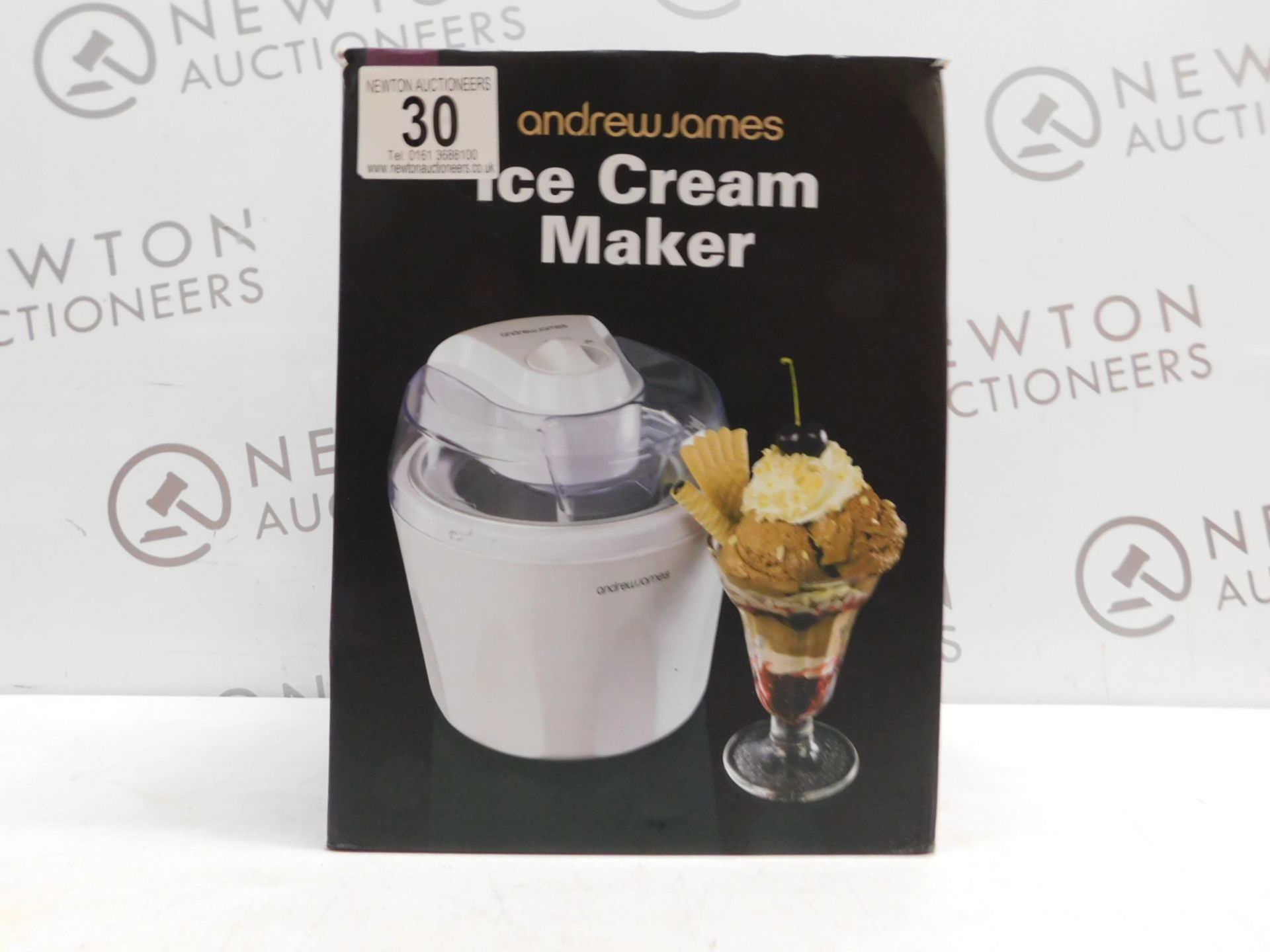 1 BOXED ANDREW JAMES WHITE ICE CREAM MAKER RRP £39.99 (EXCELLENT CONDITION)