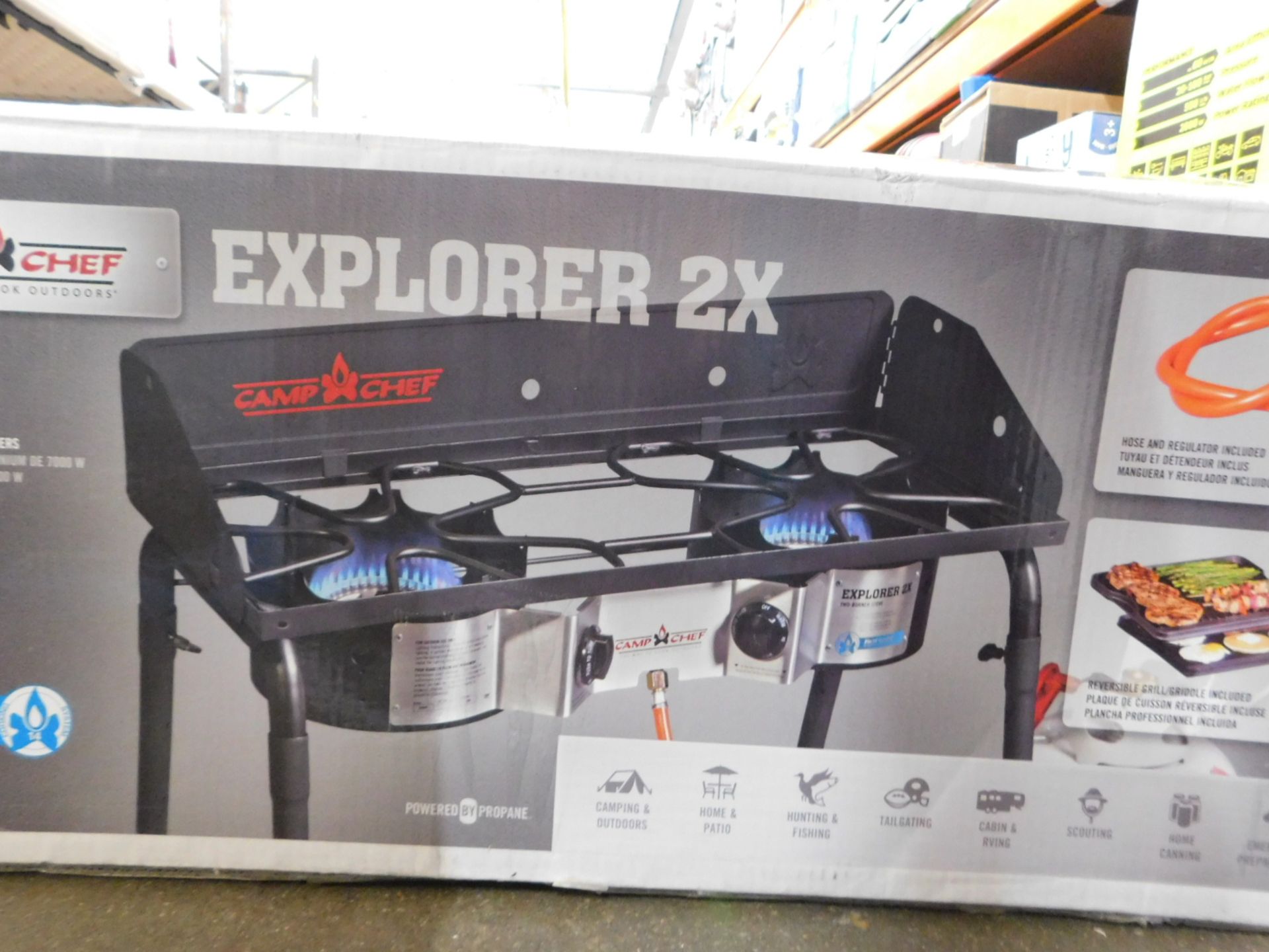 1 BOXED CAMP CHEF EXPLORER 2-BURNER PORTABLE CAMPING STOVE WITH GRIDDLE BBQ RRP £189.99