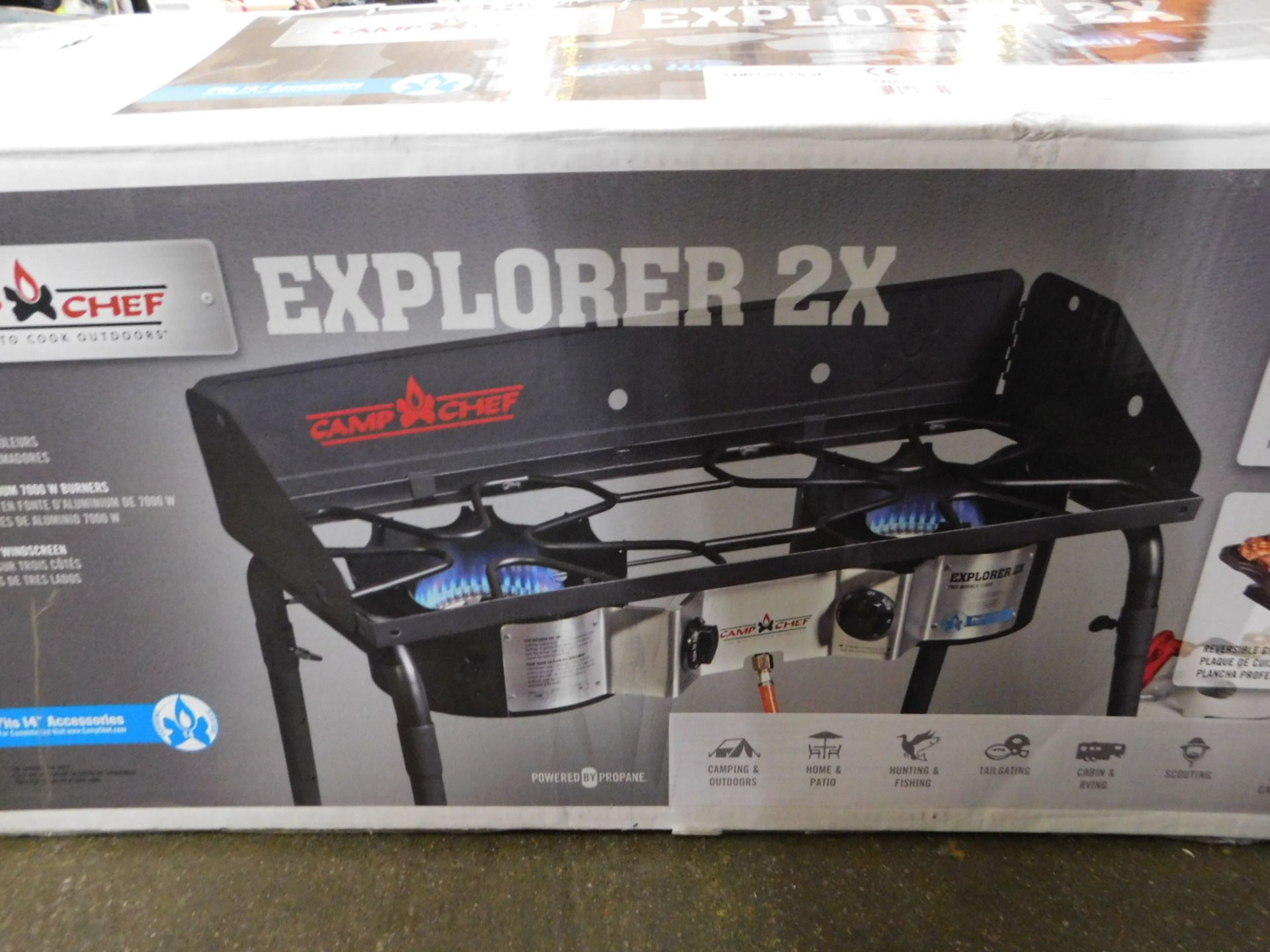 1 BOXED CAMP CHEF EXPLORER 2-BURNER PORTABLE CAMPING STOVE WITH GRIDDLE BBQ RRP £189.99