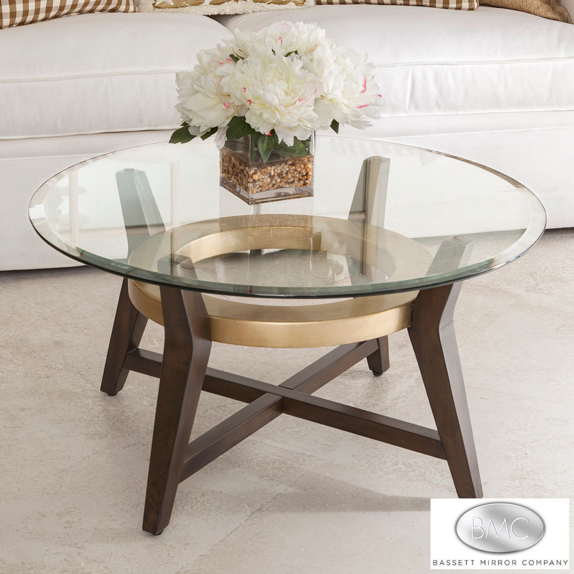 1 BOXED BMC EMBRY ROUND GLASS TOP COFFEE TABLE WITH GOLD ACCENT RRP Â£89.99