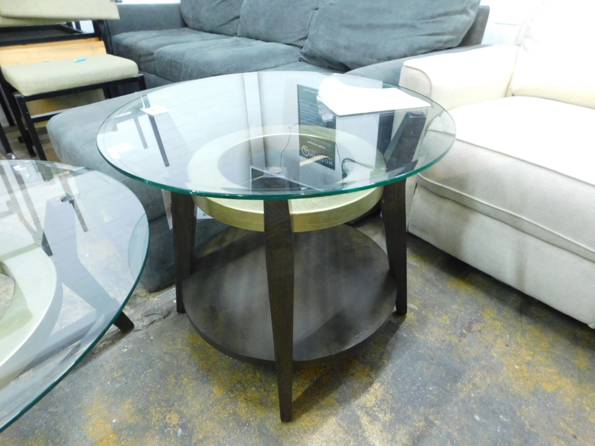 1 BMC EMBRY ROUND GLASS TOP COFFEE TABLE WITH GOLD ACCENT RRP Â£89.99