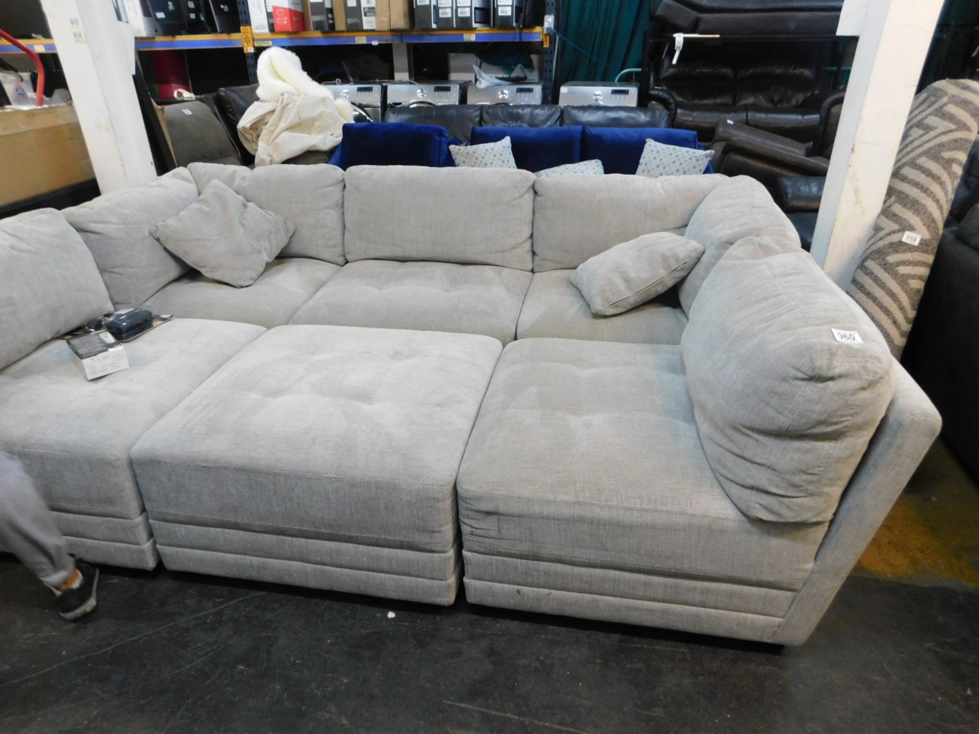 1 MSTAR INTERNATIONAL 6-PIECE MODULAR FABRIC SILVER DESIGNER SOFA INCLUDING FOOTSTOOL RRP Â£1199