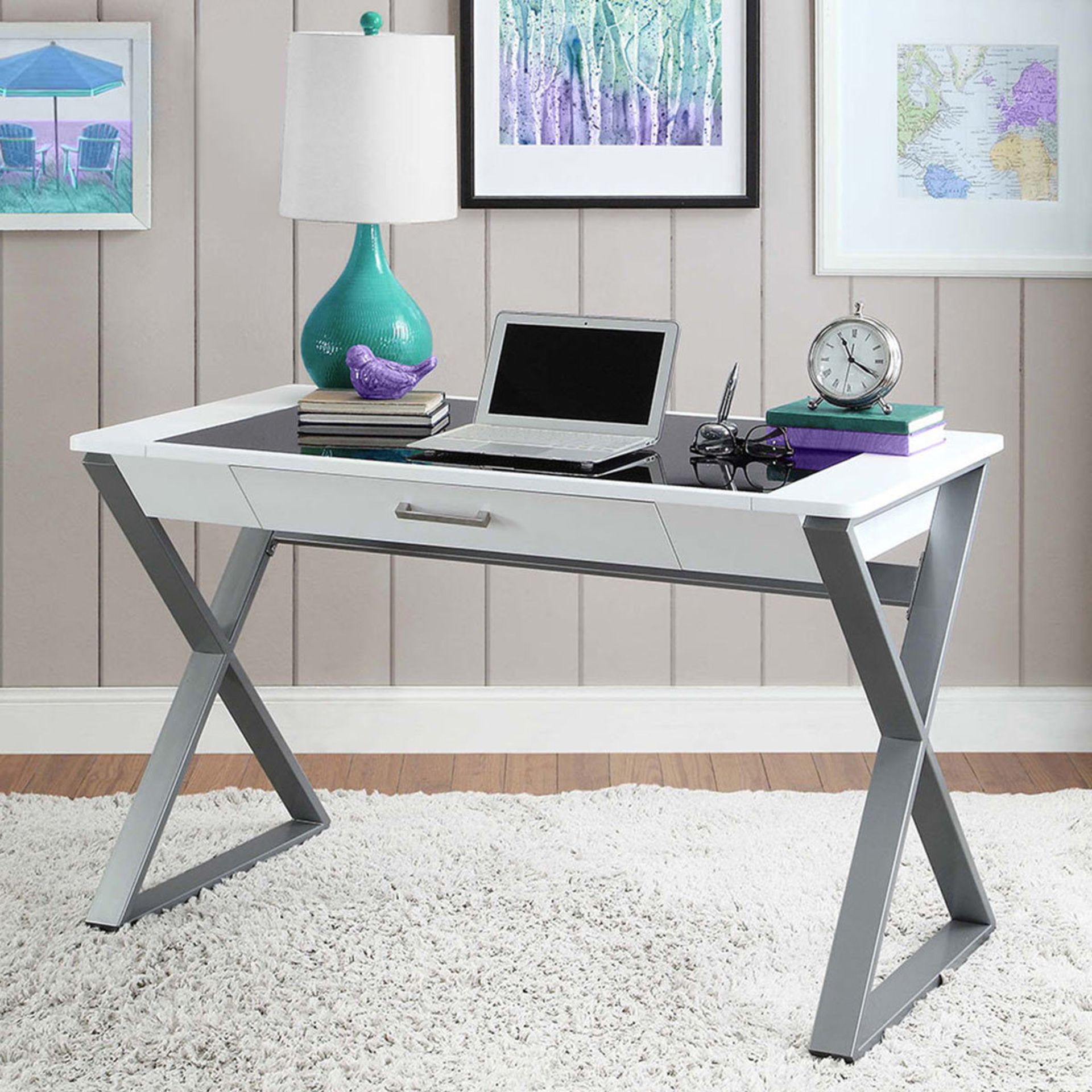 1 BOXED BAYSIDE FURNISHINGS WHITE DESK WITH TEMPERED GLASS TOP PLUS KEYBOARD TRAY RRP Â£179.99