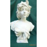 White painted plaster figure of a bonneted young lady (22" high)
