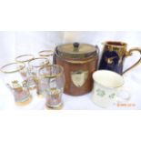 Blue and gold lustre milk jug, 5 QE2 Coronation drinking glasses,