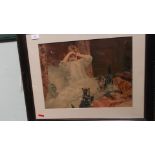 Framed coloured Pears print of an awaken young girl with kittens playing on her bed