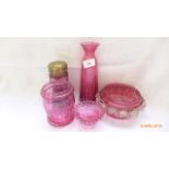 5 pieces of Cranberry glass incl. sifter, flower and posy vases etc.