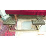 Brass framed hall fire front with two green padded studded 'L' shaped seats (55" long)