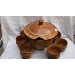 Large brown earthen ware lidded soup tureen with 6 individual bowls