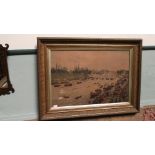 Large Victorian coloured print of The Oxford & Cambridge boat race on the Thames in ornate gilt