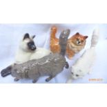 3 Royal Doulton cat ornaments and a Beswick brown cat ornament