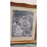 Gilt framed blue ground print of young girls seated on stone steps playing with puppies