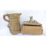 An inlaid wooden musical cigarette box and a Hillstonia jug vase.