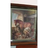 Framed Pears print of a Blacksmith shoeing a hunter with lurcher and donkey looking on