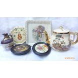 Decorative Arthur Wood teapot, 3 plates, 'Cries of London' framed pot lid and another,