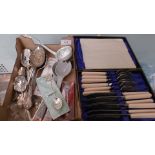Boxed set of six bone handled plated fish eaters , eight plated presentation spoons,