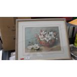 Cream and gilt frame still life watercolour of christmas roses and chinese lanterns in bowl,