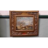 Ornate gilt framed copy oil of sailing boats in distress in rough seas