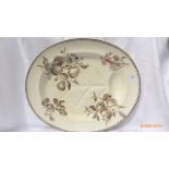 Large oval Hill Pottery brown and white meat charger inset gravy well,