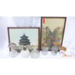 Collection of 6 Vintage perfume bottles and a pair of framed coloured European prints