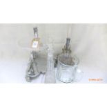Plated and etched glass epergne and another in similar style,