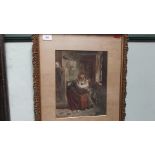 Gilt framed watercolour of a bonneted lady nurturing a young child, signed A.J.