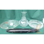 Black glass rolling pin, cut glass fruit bowl and another,