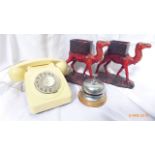 Pair of camel mantelpiece vases, cream plastic telephone, desk bell etc.