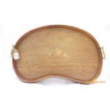 Inlaid mahogany kidney shaped serving tray with brass handles