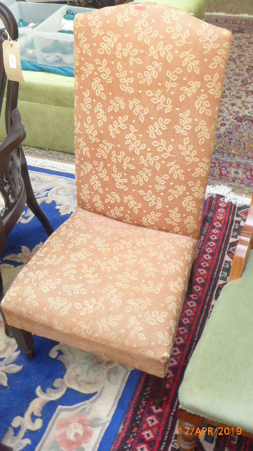 High backed hall chair the seat and back upholstered in light brown autumnal contemporary cloth