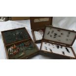 2 wooden boxes containing trout and salmon flies and a double wooden fly box and contents