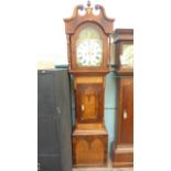 Mid 19th century eight day long case clock, the ornate case in mixed woods with swan neck pediment ,