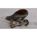 Plated shoe pin cushion and a silver sifter spoon (Birmingham 1905)