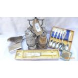 Four piece plated cut glass cruet, box of six plated teaspoons, Gillette razor in plated box,
