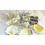 Box of miniatures incl. Carltonware and Beswick trinket dishes, piano teapot, specimen vases etc.