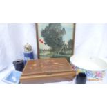 Gilt framed print, Poole pottery fruit bowl, dark blue Wedgwood sugar sifter,