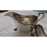 Georgian style silver sauce boat on 3 claw feet with beaded ribbing (Birmingham 1932 - 4.