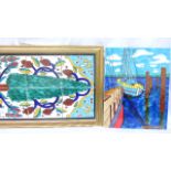 Set of 4 floral wall tiles set in gilt frame and another unframed larger tile of a moored sailing