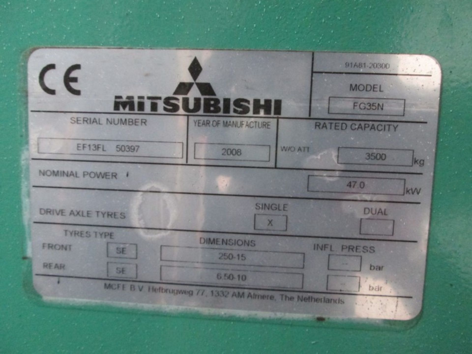 MITSUBISHI FG35N Plant LPG / CNG - VIN: EF13FL50397 - Year: 2008 - 14,101 Hours - Triplex 4.7M - Image 9 of 9