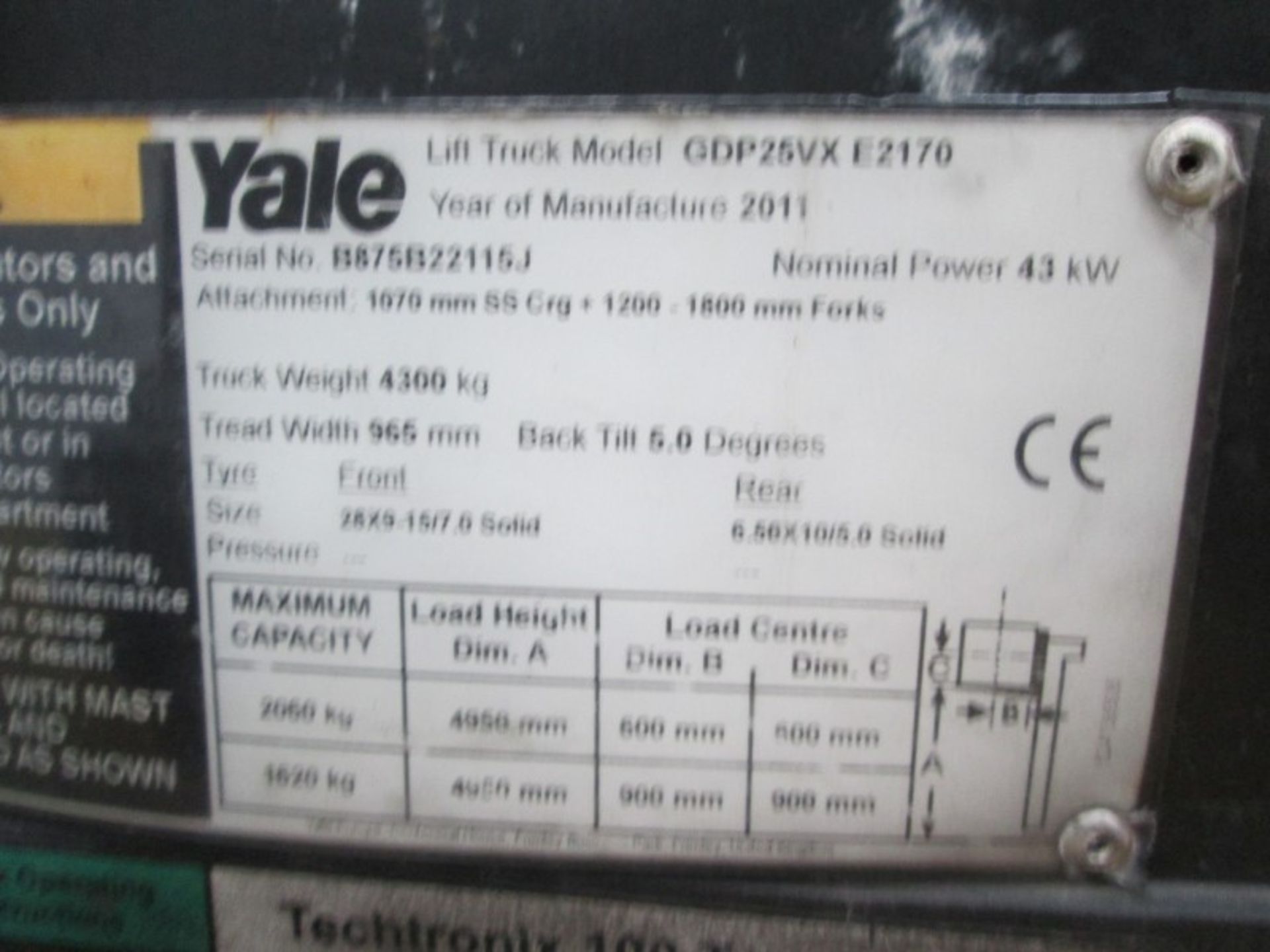 YALE GDP25VX E2170 Plant Diesel - VIN: B875B22115J - Year: 2011 - 5,548 Hours - Triplex 4.9M - Image 8 of 9