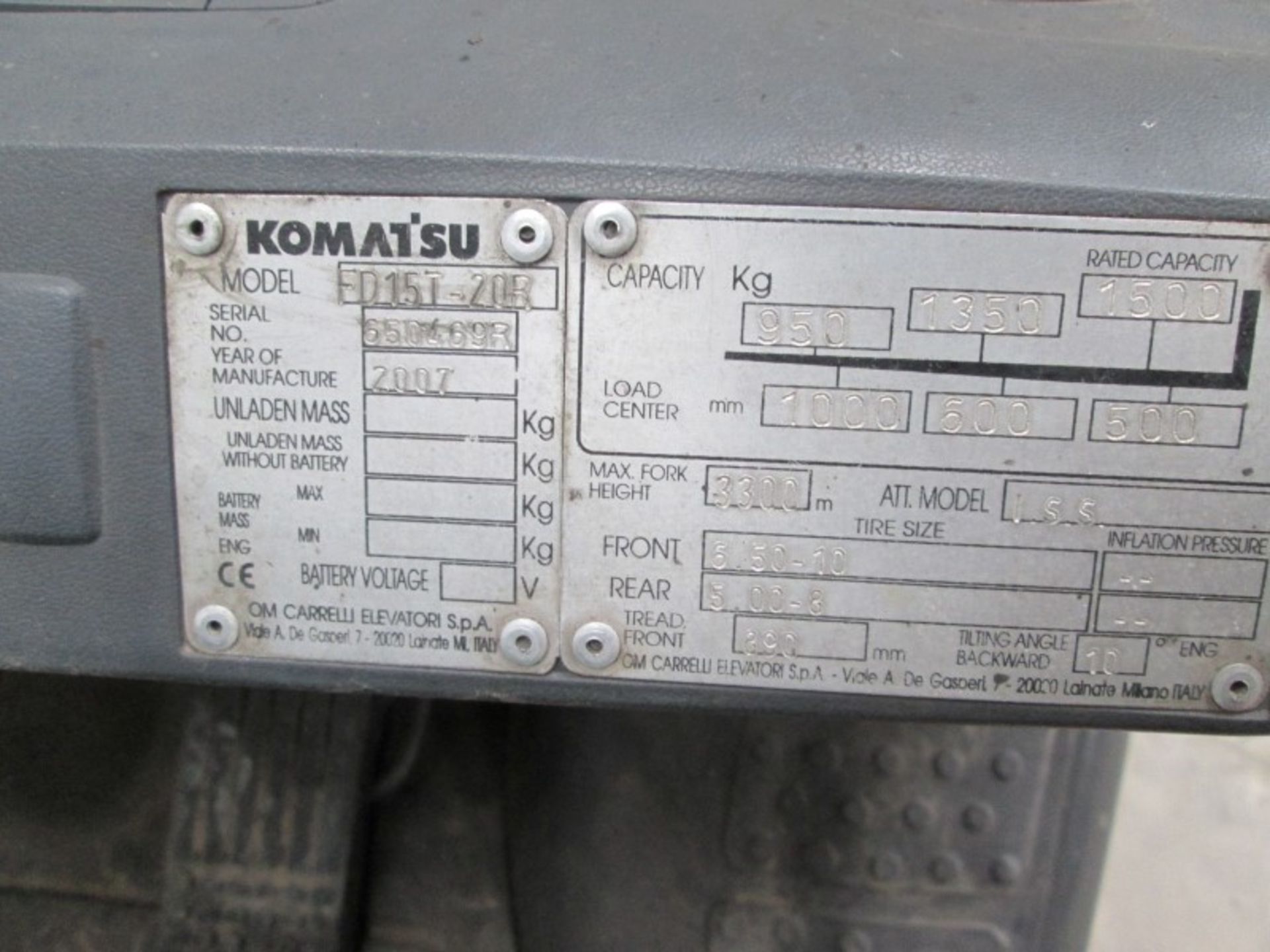 KOMATSU FD15T-20R Plant Diesel - VIN: 650469R - Year: 2007 - 7,758 Hours - Duplex 3.3M Forklift, - Image 8 of 9