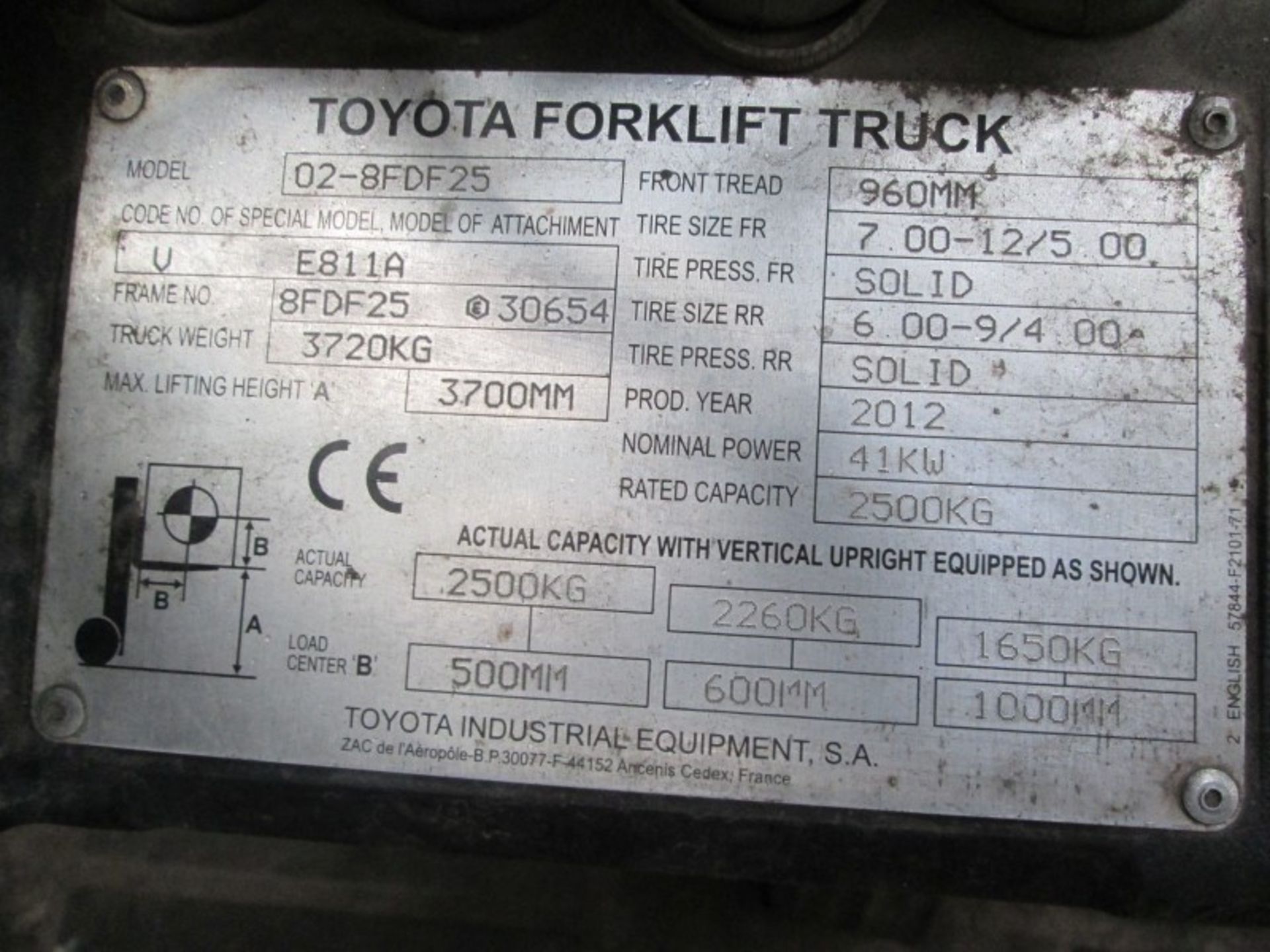 TOYOTA 02-8FDF25 Plant Diesel - VIN: 8FDF25E30654 - Year: 2012 - no display Hours - Duplex 3.7M - Image 8 of 8