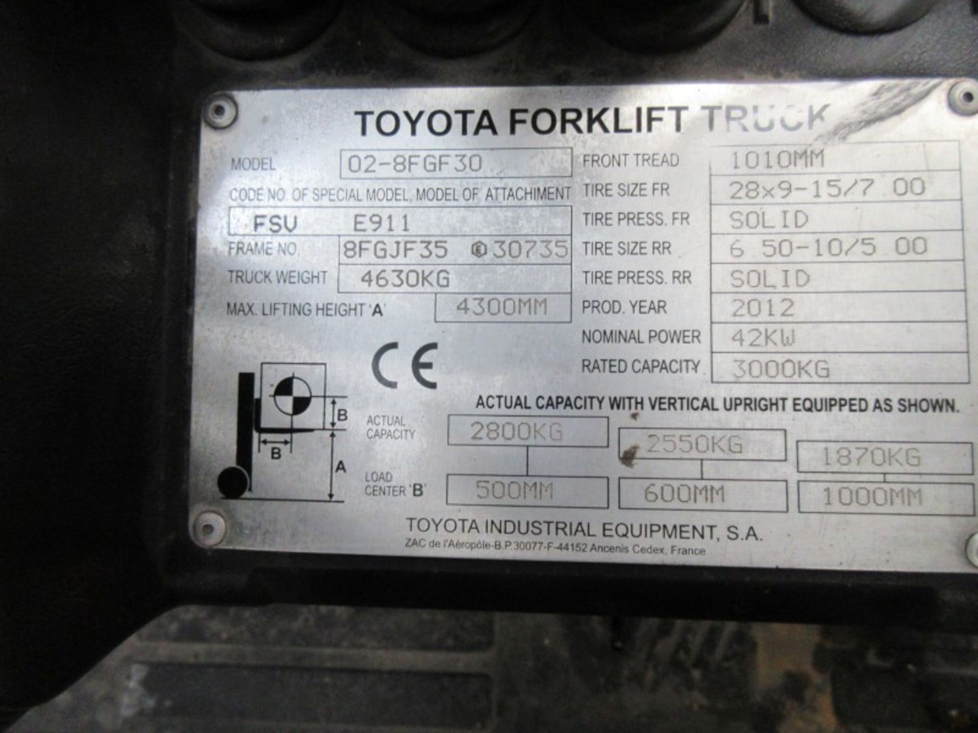 TOYOTA 02-8FGF30 Plant LPG / CNG - VIN: 8FGF35E30735 - Year: 2012 - 8,377 Hours - Triplex 4.3M - Image 9 of 9